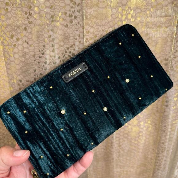 Fossil Sydney Satchel Velvet Patchwork Green Red Pink & Wallet NWT - Picture 7 of 12